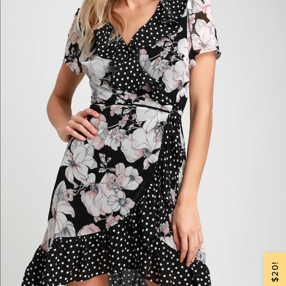 Lulus Black Floral Printed Polka Dot Wrap Dress